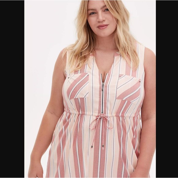 Torrid Mini Shirt Challis Dress 2X 18 20 Pink Stripe Zip Front Sleeveless READ - Picture 5 of 16
